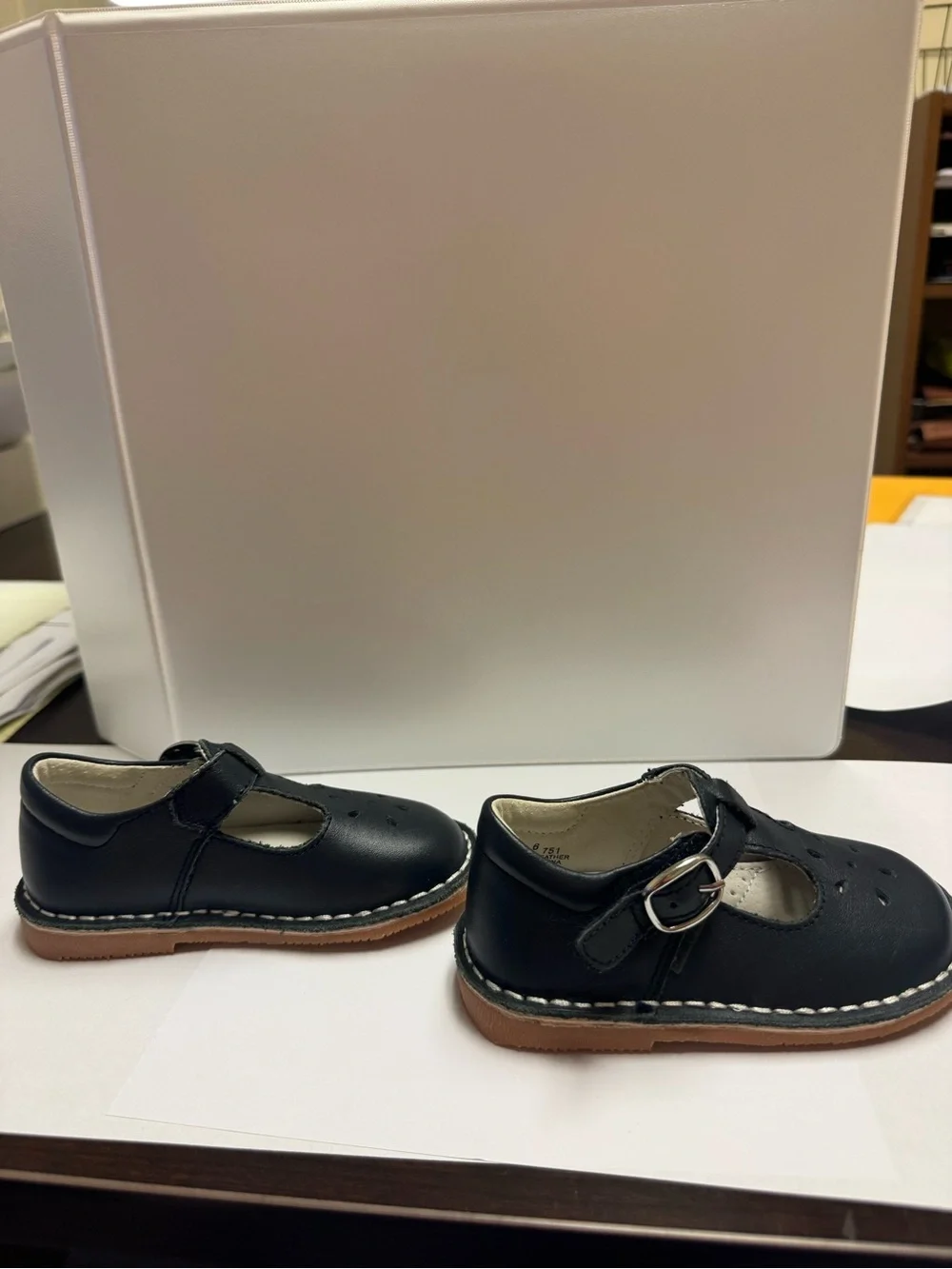 L'Amour Navy T-Strap Kids Dress Shoes with Buckle